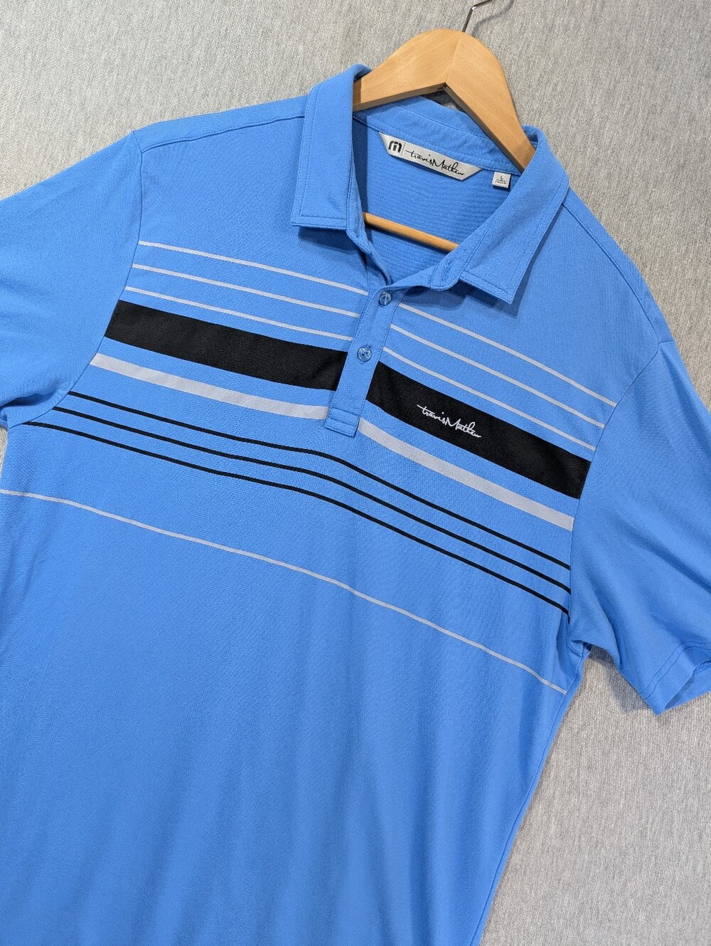Travis Mathew Striped Golf Polo Shirt Men's Large Blue Black Grey Name On Sleeve
